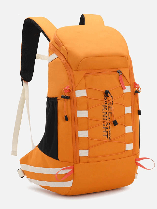 Vibrant orange travel backpack 40L with rain cover, perfect for outdoor adventures. Features spacious compartments and a sleek design.